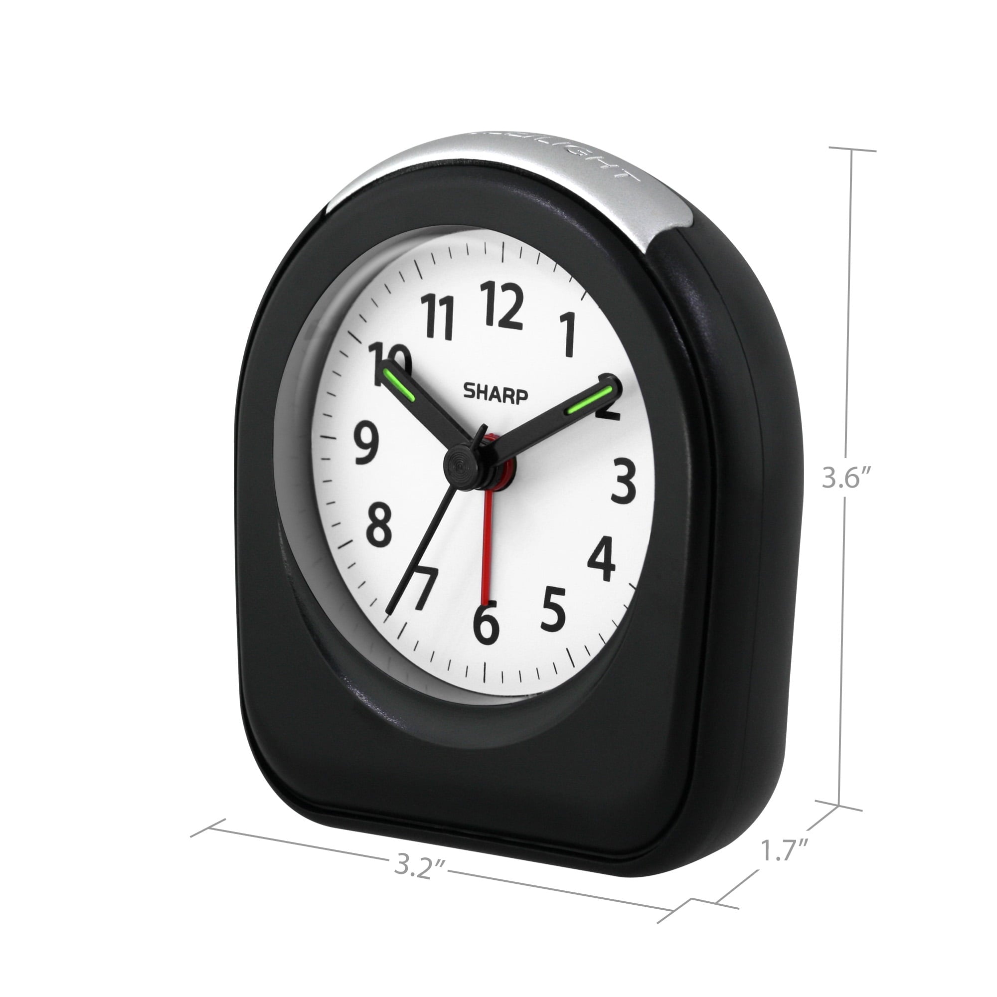 SHARP Quartz Analog Arch Alarm Clock, Black, Battery Operated, Small, Travel Clock