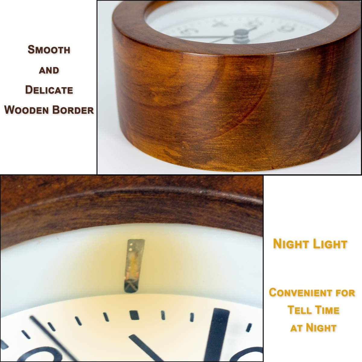 Round Wooden Alarm Clock with Arabic Numerals, Non-Ticking Silent, Backlight, Battery Operated, Nature