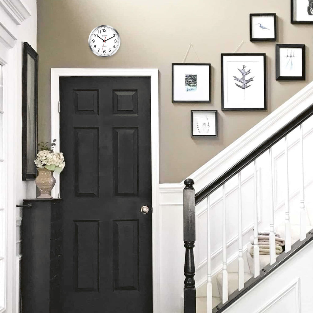 SHARP Wall Clock Silver/Chrome, Silent Non Ticking 10 Inch Quality Quartz Battery Operated Round Easy to Read Home/Kitchen/Office/Classroom/School Clocks, Sweep Movement