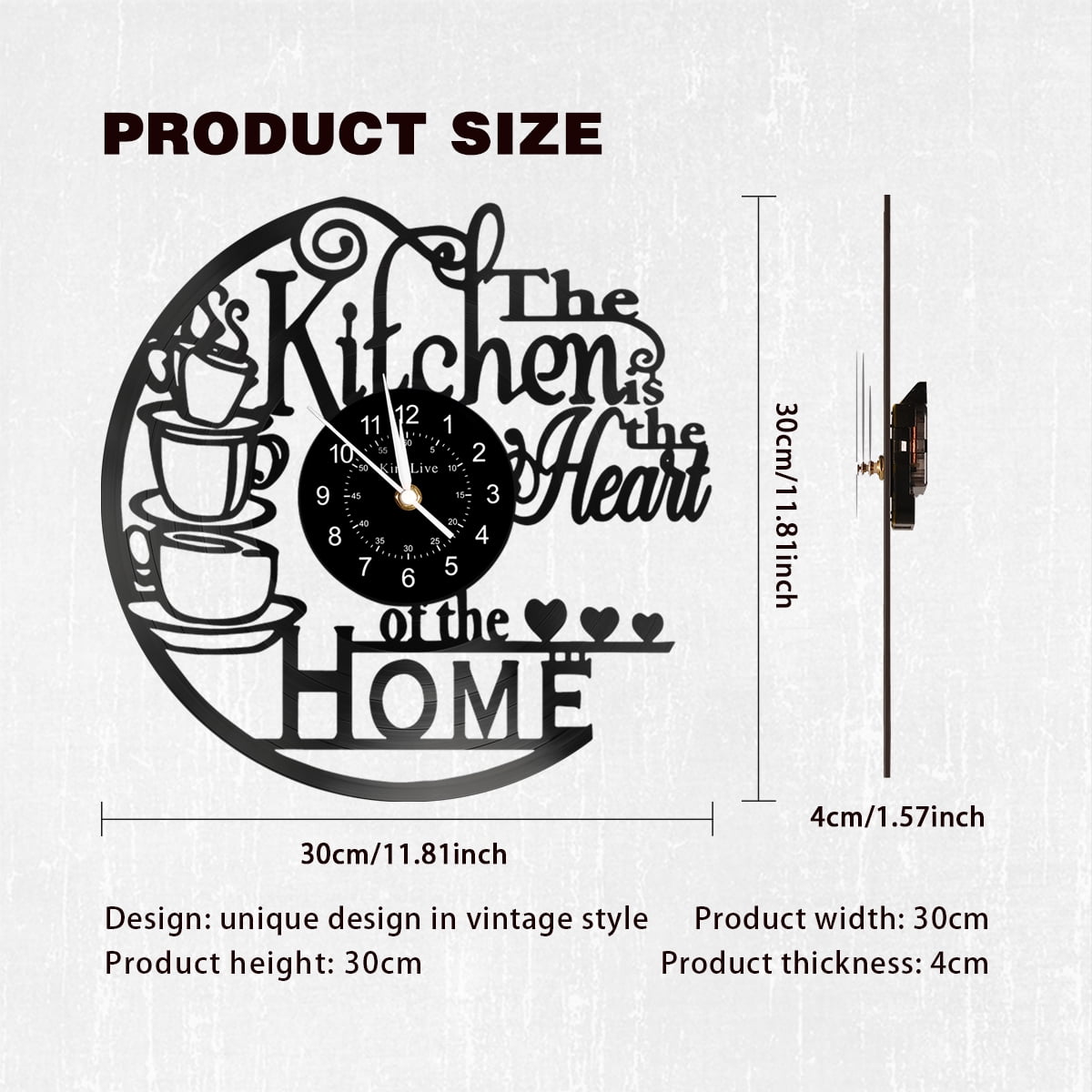 12 Inch Kitchen Vinyl Record Wall Clock, Kitchen Heat Home Theme Wall Clock, Coffee Bar Decor, Coffee Wall Decor for Office Living Room, for Women Wives, Black