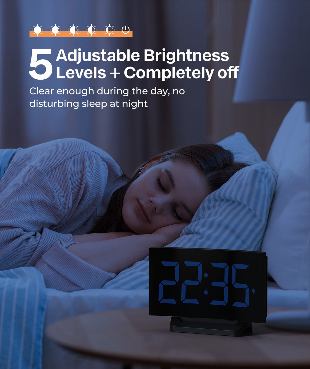 Mpow Digital Alarm Clock for Bedrooms, Large Numbers, Easy to Set Digital Clock with Modern Curved Design, 6 Levels Brightness, 3 Alarm Tones & 2 Volume, 9min Snooze, Battery Backup, 12/24H