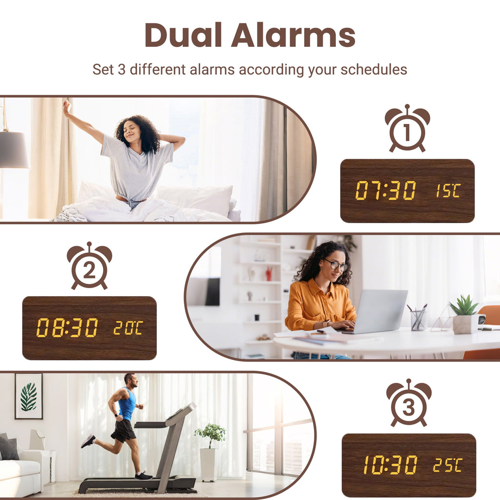 DAYBETTER Wooden Digital Alarm Clocks for Bedrooms, USB Port & Battery Powered, Loud Alarm Clock for Heavy Sleepers,Dimmer, 3 Alarms, Sound Control, Temperature, 12/24H