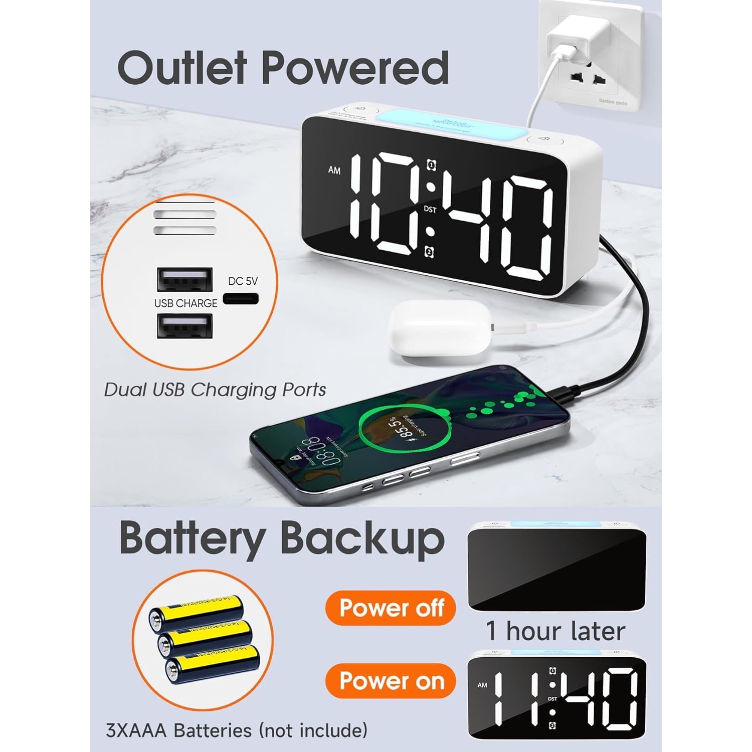 Super Loud Alarm Clock for Heavy Sleepers Adults,Digital Clock with 7 Color NightLight,Adjustable Volume,Dimmer,USB Charger,Small Clocks for Bedrooms,Ok to Wake Up for Kids,Teens (White+RGB)