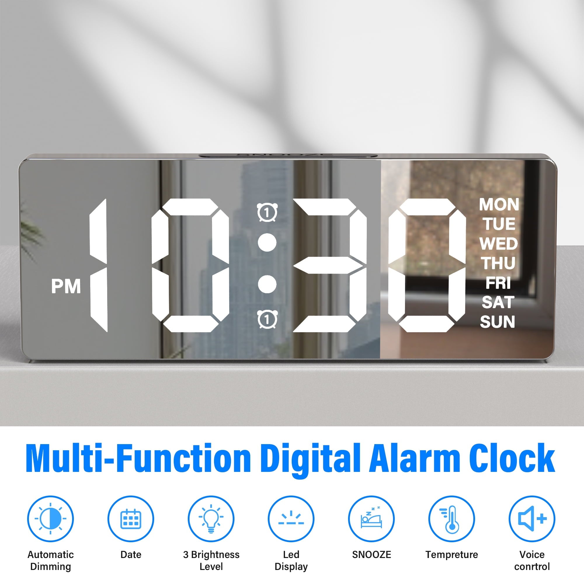 DAYBETTER Digital Alarm Clock, LED Mirror Display with Dual Alarms - Battery Operated Or USB, Auto-Dimming Eye Care, Snooze mode, Bedroom Desk Decor,Gift for Kids
