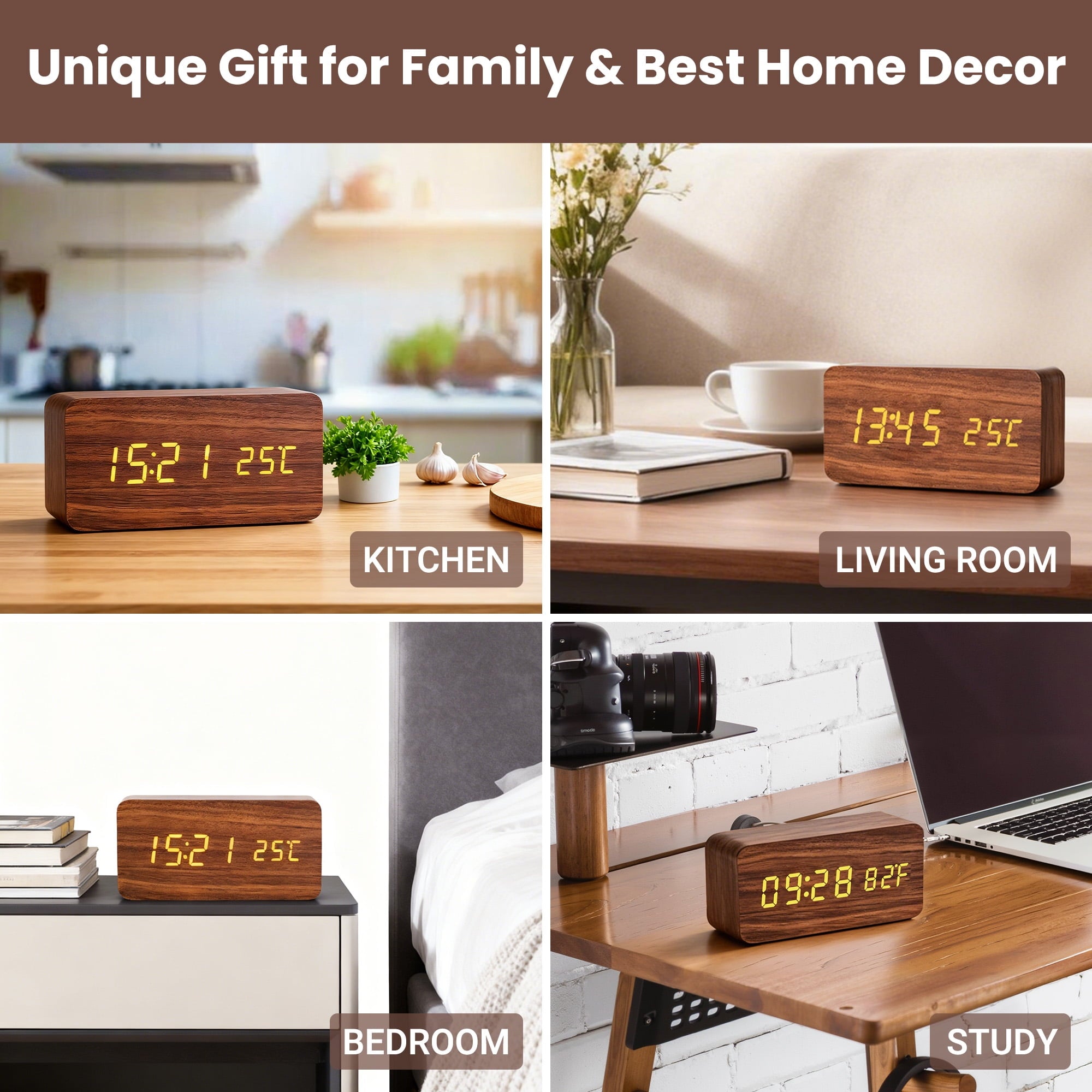 DAYBETTER Wooden Digital Alarm Clocks for Bedrooms, USB Port & Battery Powered, Loud Alarm Clock for Heavy Sleepers,Dimmer, 3 Alarms, Sound Control, Temperature, 12/24H