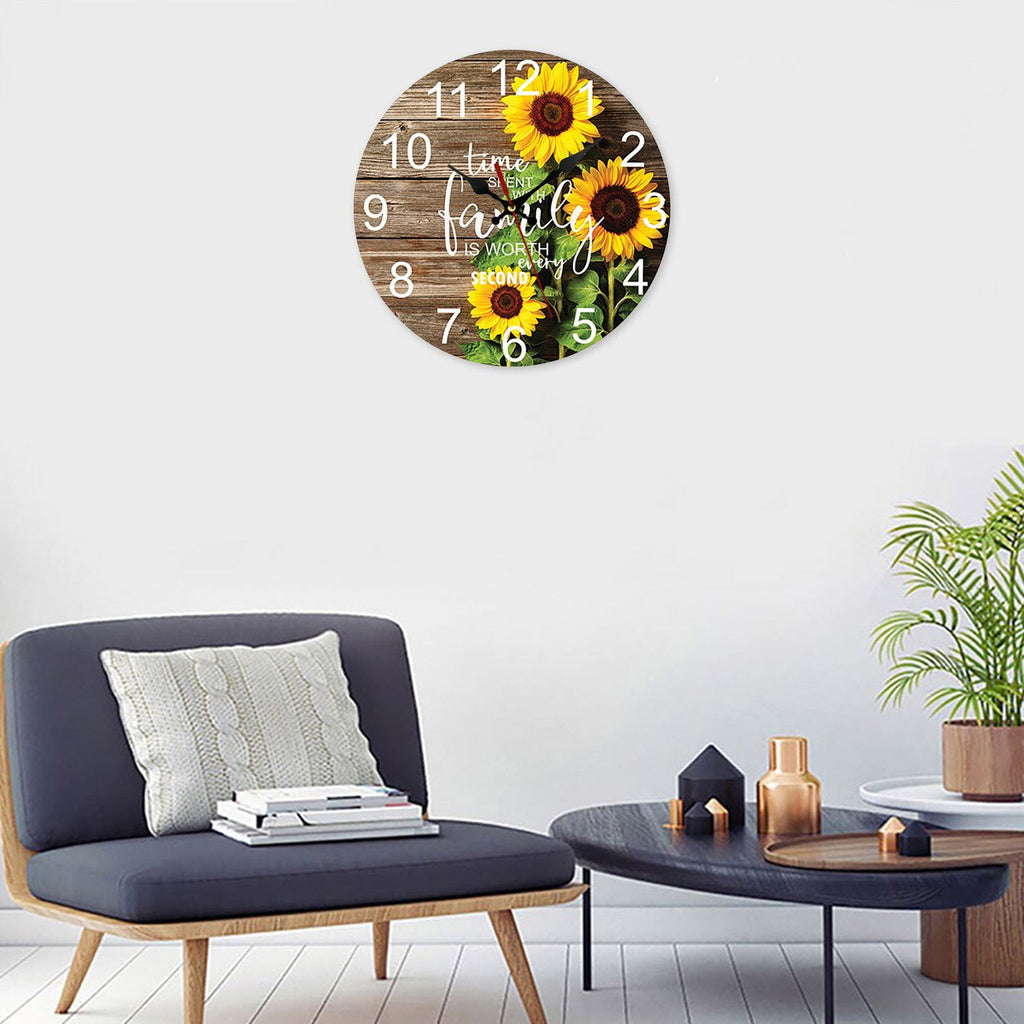 VOCOO 10'' Sunflower Round Wall Clocks, Wooden Silent Non Ticking Industrial Analog Clock for Kitchen Home Office Bedrooms (with Hook)