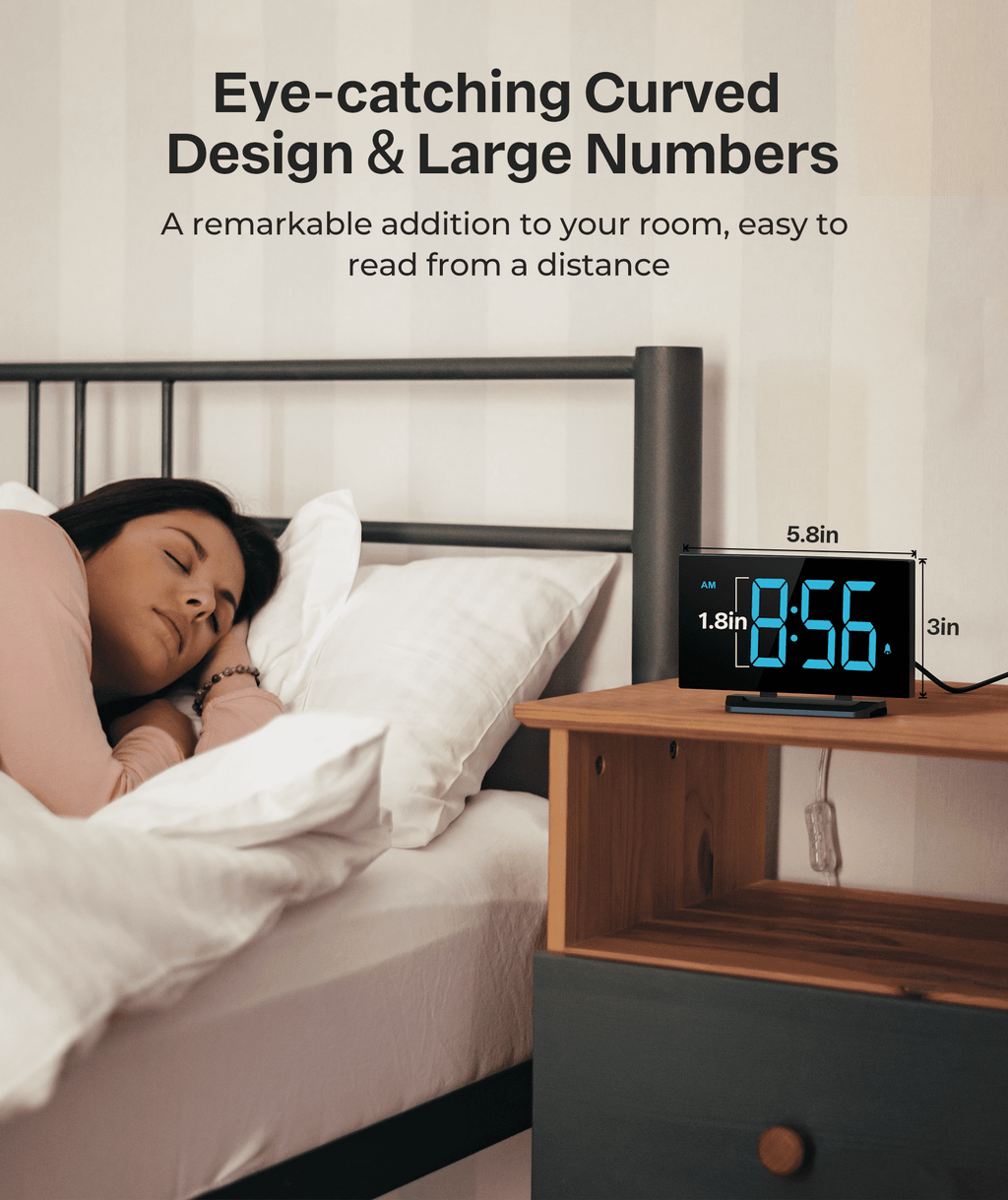 Mpow Digital Alarm Clock for Bedrooms, Large Numbers, Easy to Set Digital Clock with Modern Curved Design, 6 Levels Brightness, 3 Alarm Tones & 2 Volume, 9min Snooze, Battery Backup, 12/24H