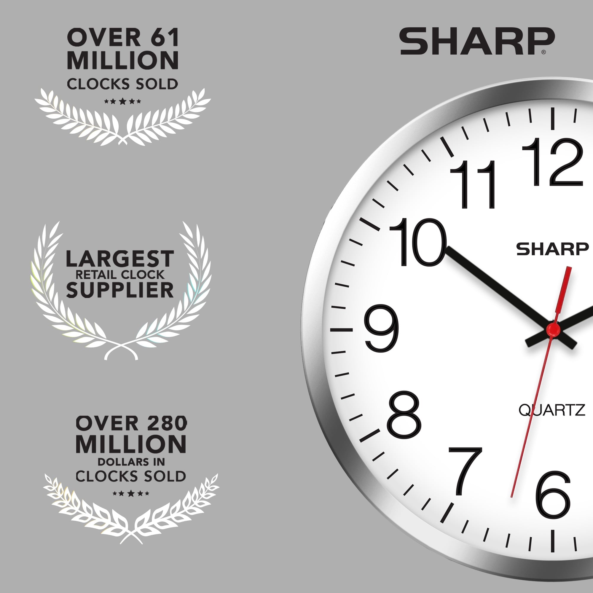 SHARP Wall Clock Silver/Chrome, Silent Non Ticking 10 Inch Quality Quartz Battery Operated Round Easy to Read Home/Kitchen/Office/Classroom/School Clocks, Sweep Movement