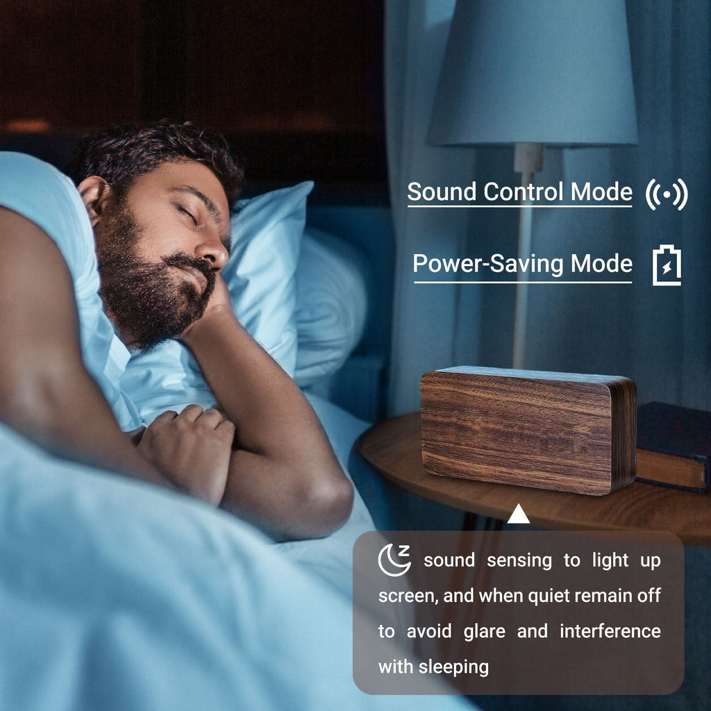 DAYBETTER Wooden Digital Alarm Clocks for Bedrooms, USB Port & Battery Powered, Loud Alarm Clock for Heavy Sleepers,Dimmer, 3 Alarms, Sound Control, Temperature, 12/24H