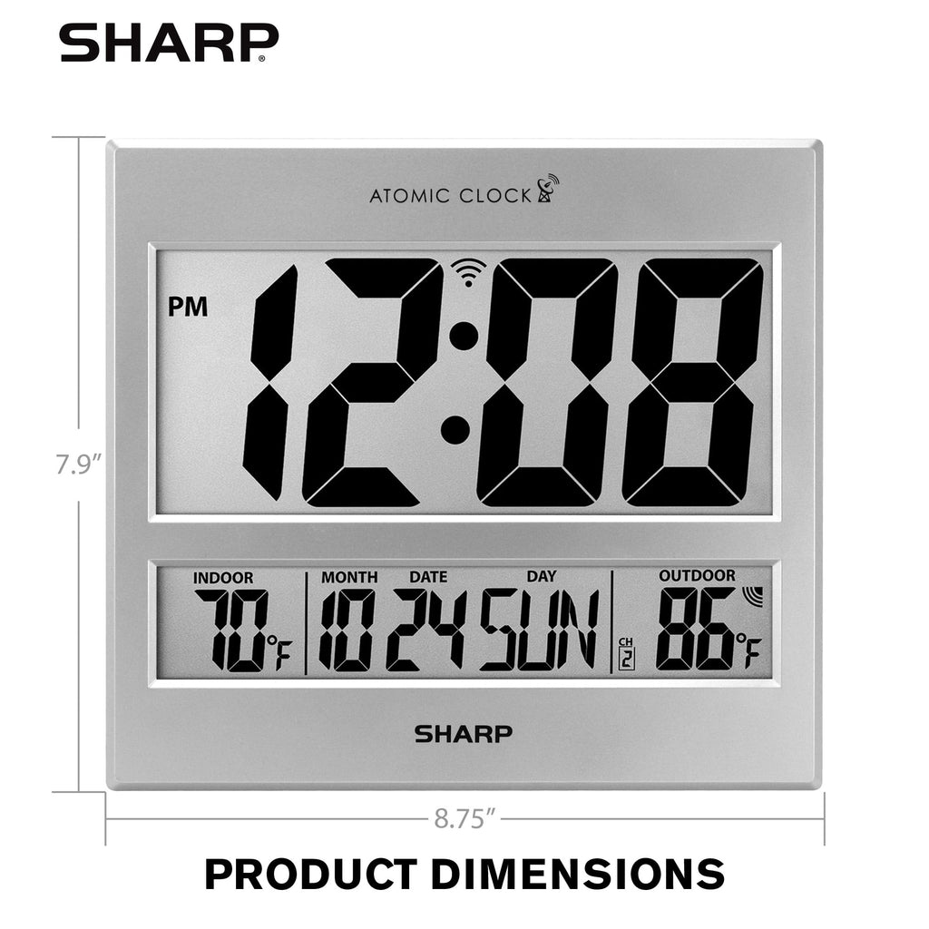 Sharp Atomic Clock - Jumbo 3" Easy to Read Numbers - Never Needs Setting! - Indoor/ Outdoor Temperature Display with Wireless Outdoor Sensor - Silver