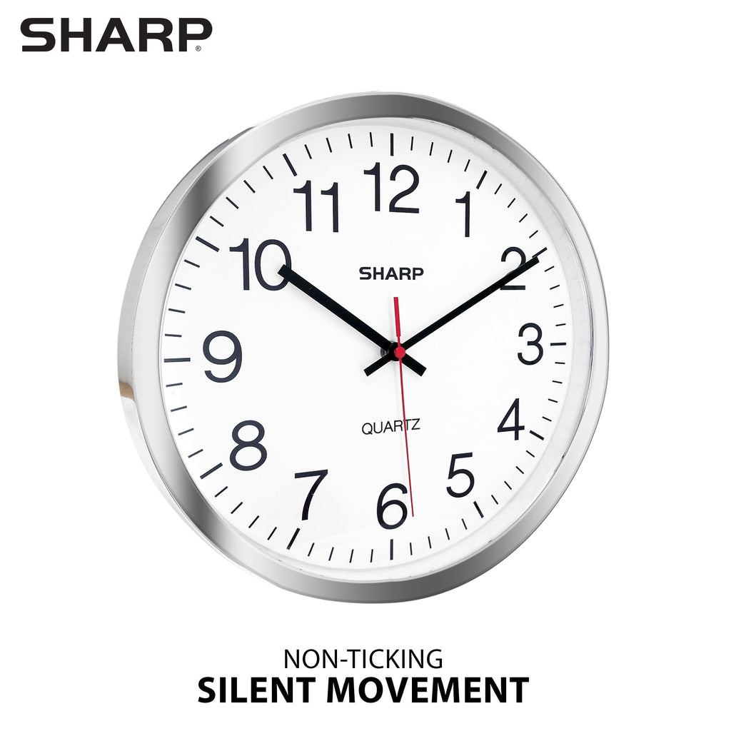 SHARP Wall Clock Silver/Chrome, Silent Non Ticking 10 Inch Quality Quartz Battery Operated Round Easy to Read Home/Kitchen/Office/Classroom/School Clocks, Sweep Movement