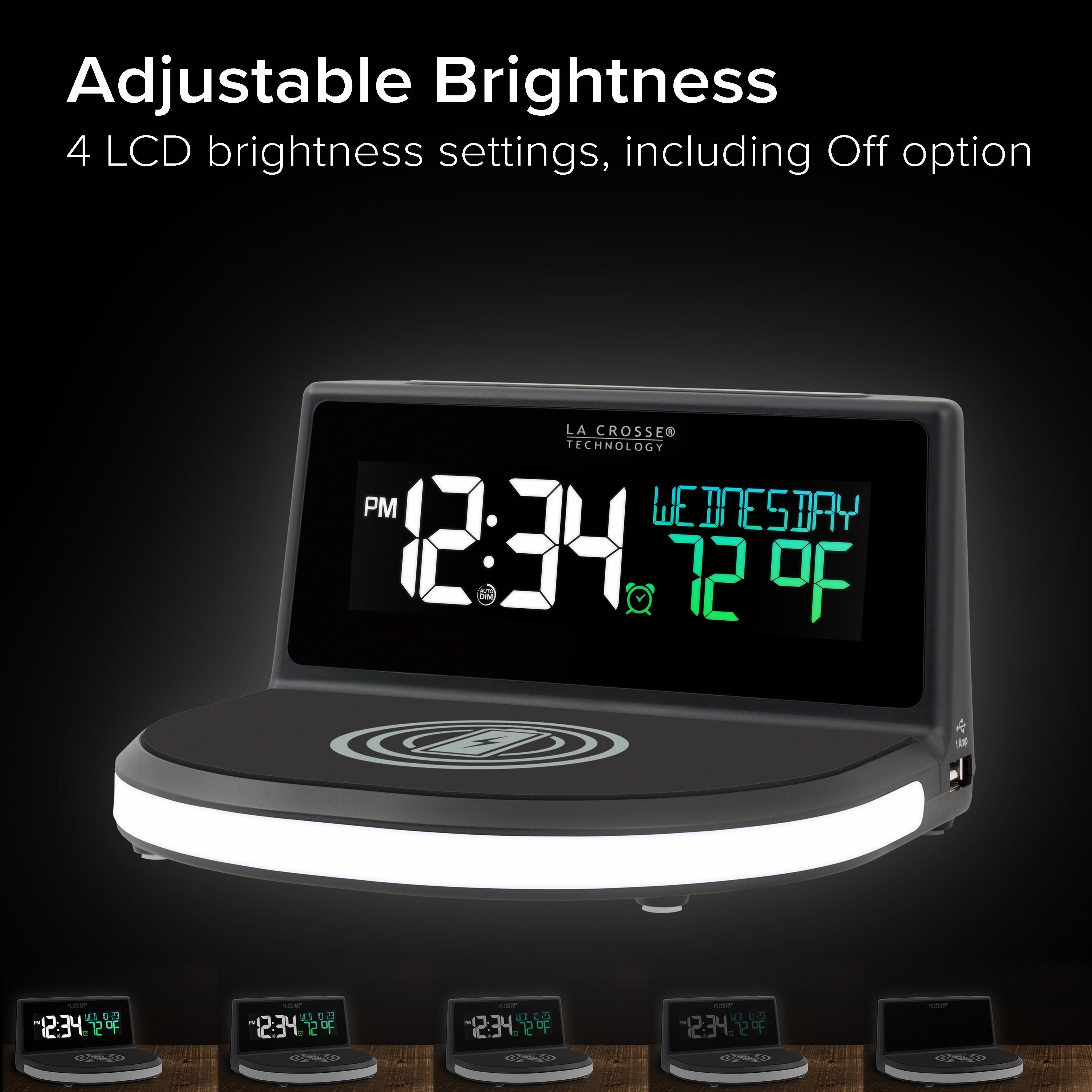 La Crosse Technology 617-148V2 Black Wireless Charging Alarm Clock with Glowing LED Base