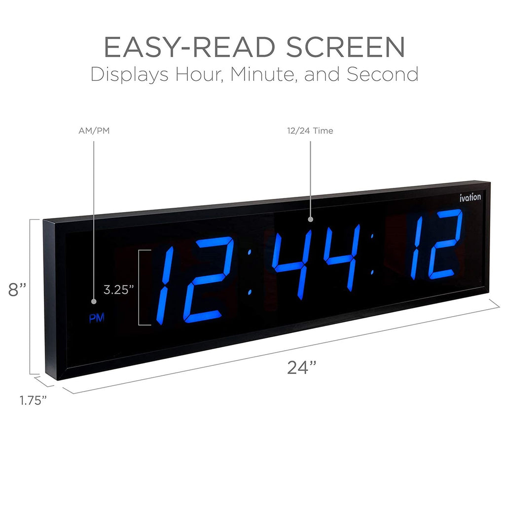 Ivation Large Digital Clock, 24" Led Wall Clock with Stopwatch, Alarms, Timer, Temp & Remote, Blue