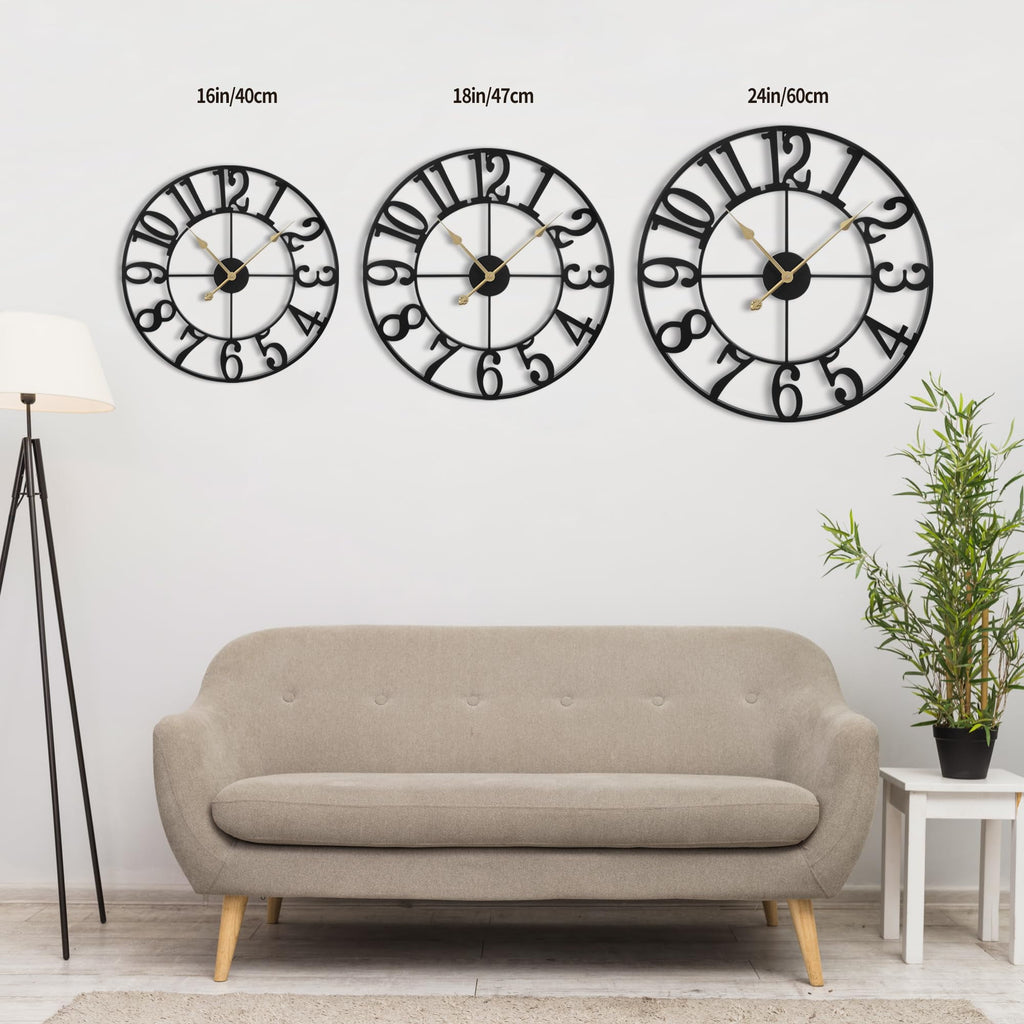 Arsvita  16 Inch Large Wall Clock, Silent Non-Ticking, Battery Operated Metal Clock, Oversized, Decorative Retro Clock for Farmhouse, Dinner and Living Room, Indoor, Outdoor(Black Arabic Number)