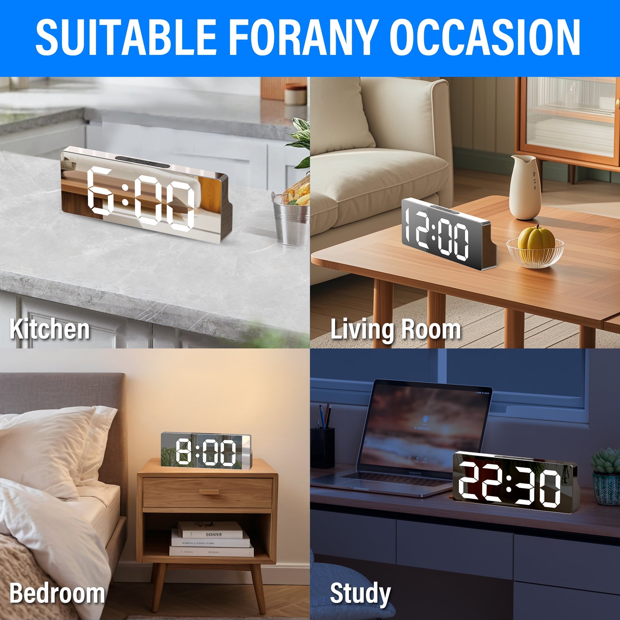 DAYBETTER Digital Alarm Clock, LED Mirror Display with Dual Alarms - Battery Operated Or USB, Auto-Dimming Eye Care, Snooze mode, Bedroom Desk Decor,Gift for Kids