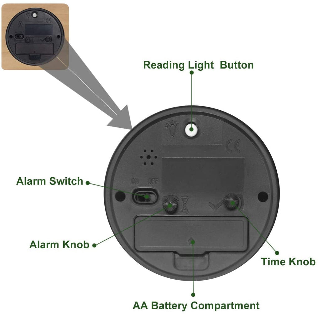 Round Wooden Alarm Clock with Arabic Numerals, Non-Ticking Silent, Backlight, Battery Operated, Nature