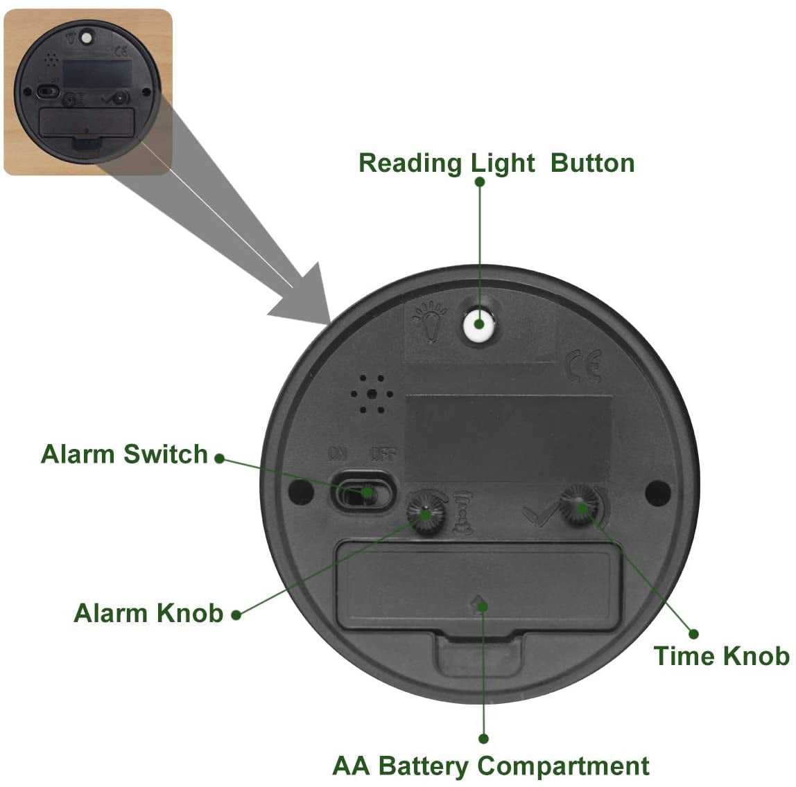 Round Wooden Alarm Clock with Arabic Numerals, Non-Ticking Silent, Backlight, Battery Operated, Nature