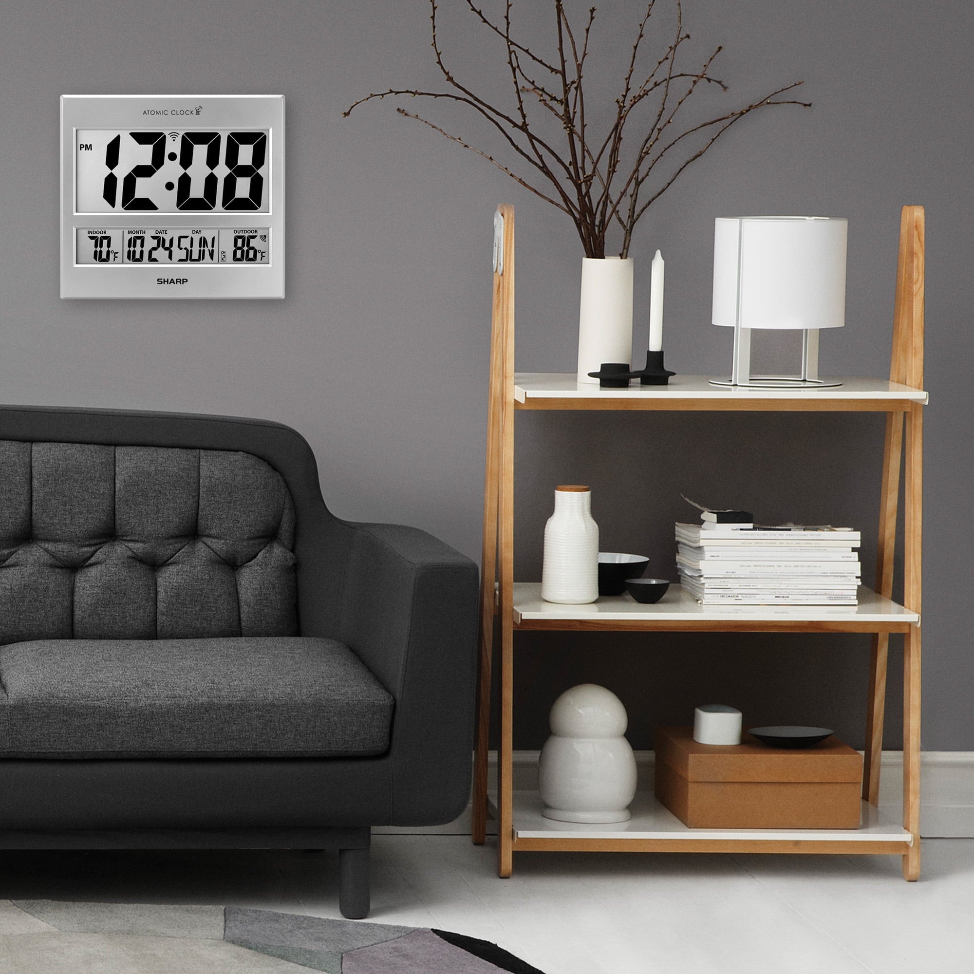 Sharp Atomic Clock - Jumbo 3" Easy to Read Numbers - Never Needs Setting! - Indoor/ Outdoor Temperature Display with Wireless Outdoor Sensor - Silver