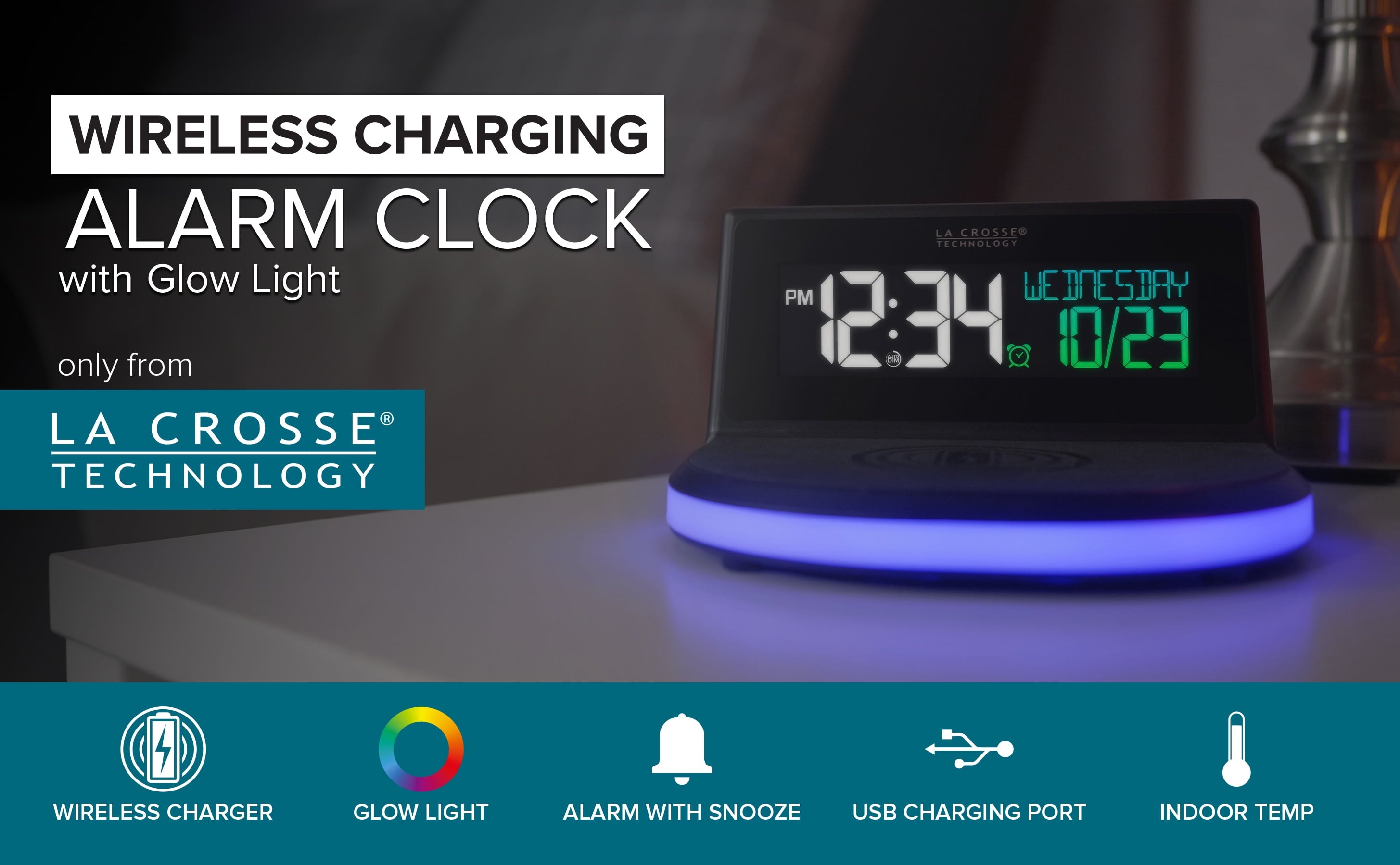 La Crosse Technology 617-148V2 Black Wireless Charging Alarm Clock with Glowing LED Base