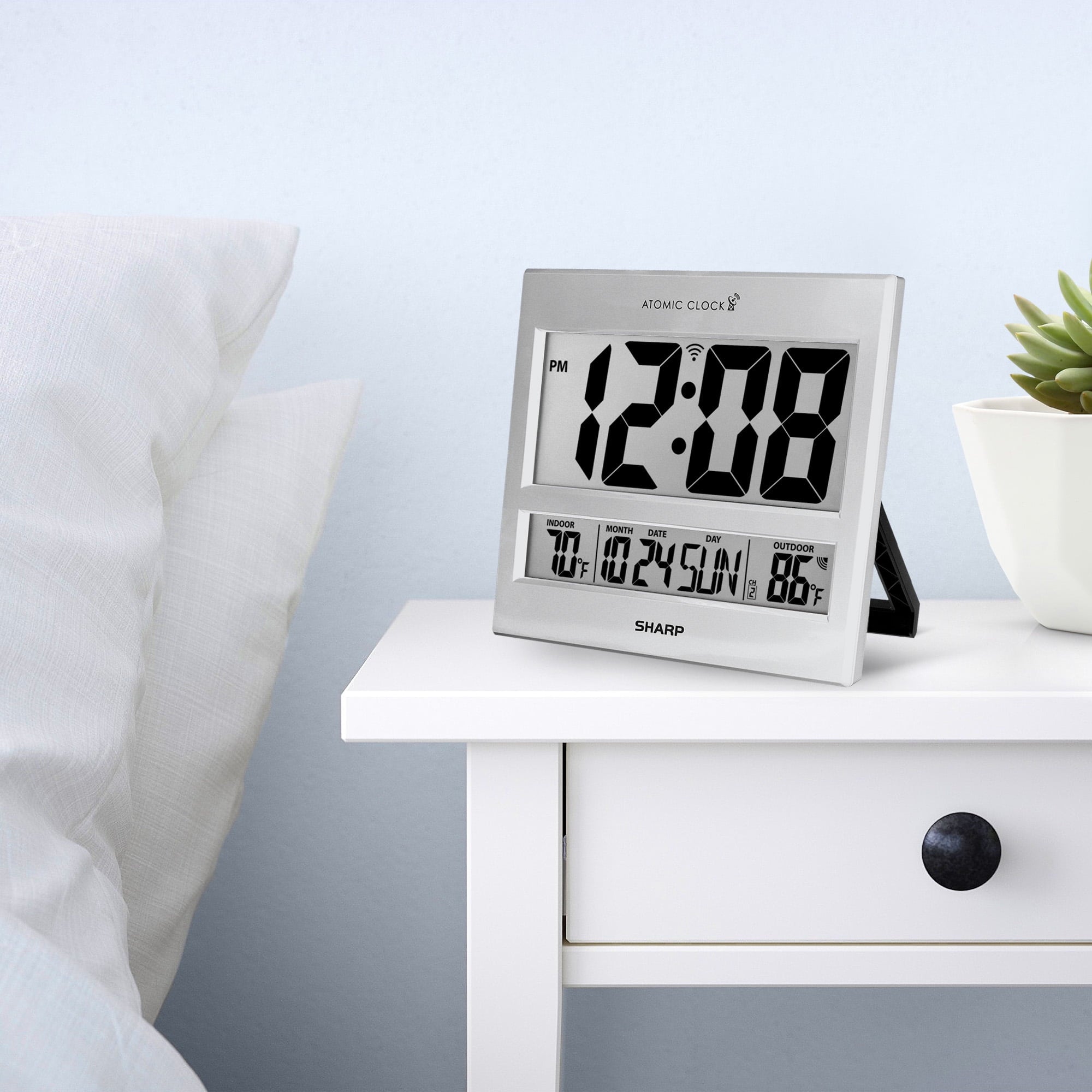 Sharp Atomic Clock - Jumbo 3" Easy to Read Numbers - Never Needs Setting! - Indoor/ Outdoor Temperature Display with Wireless Outdoor Sensor - Silver